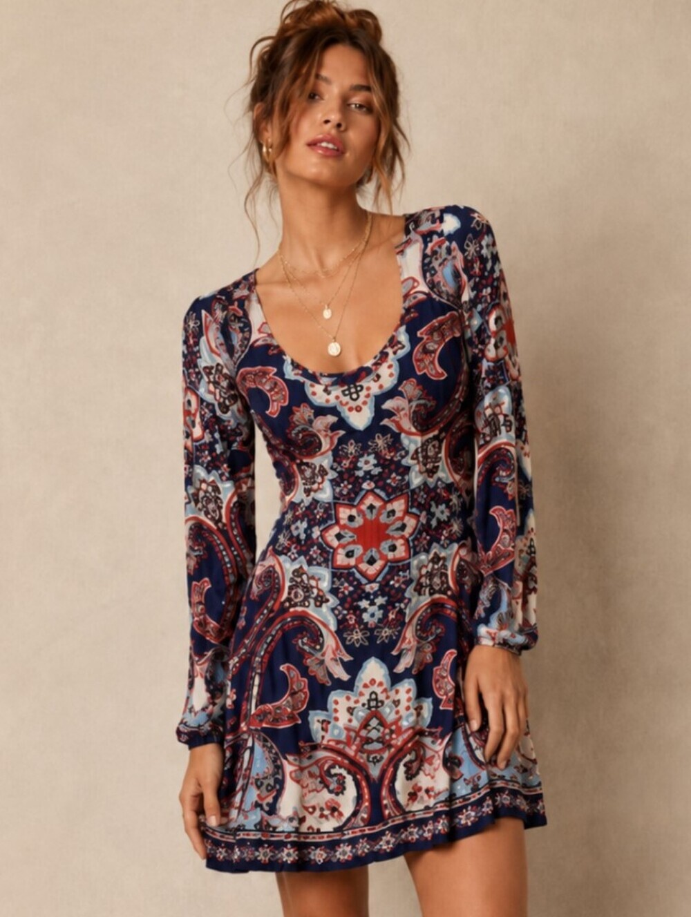 Altar'd State Paisley Open Back Long Sleeve Mini Dress Large EUC